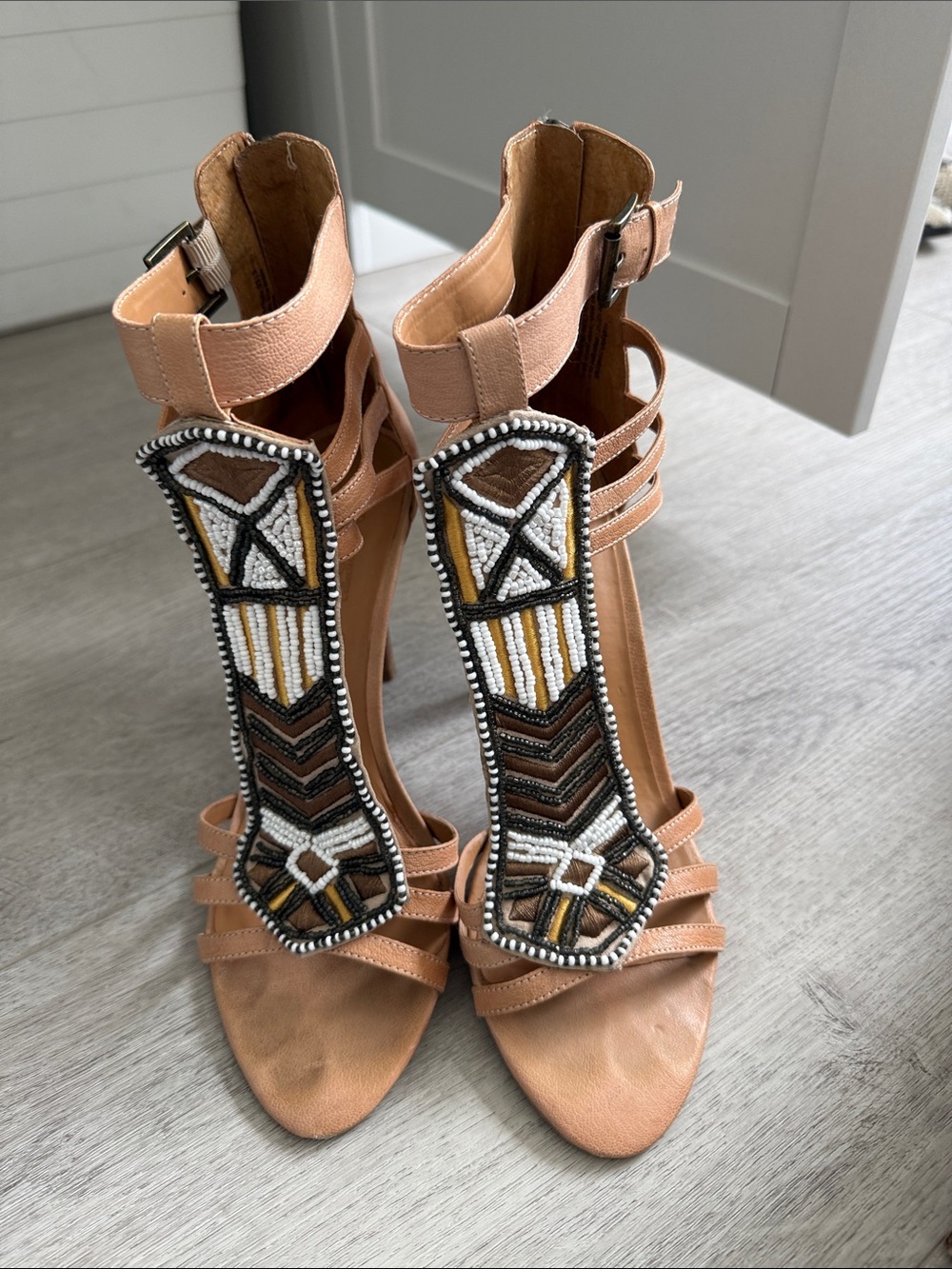 Nine West Tan Beaded Strappy Heels